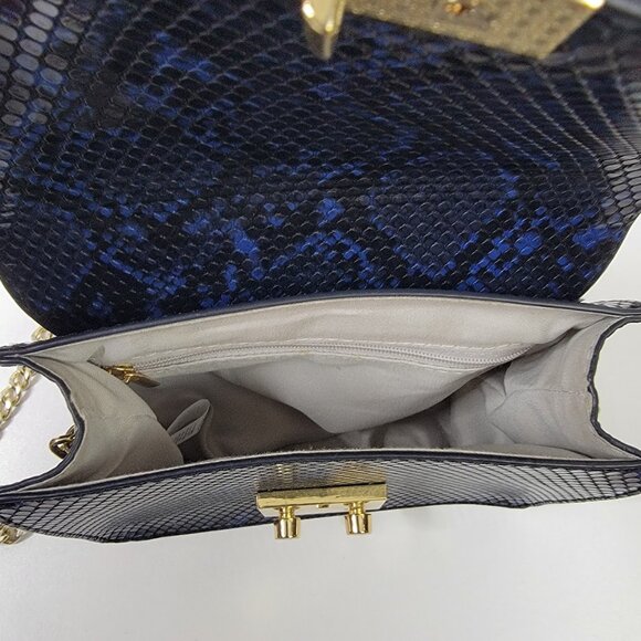 BCBG Faux Snakeskin Crossbody Bag – Blue & Black with Gold Chain - Picture 9 of 11